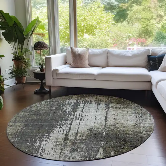 8' Taupe Beige And Olive Green Round Abstract Washable Indoor Outdoor Area Rug Photo 7