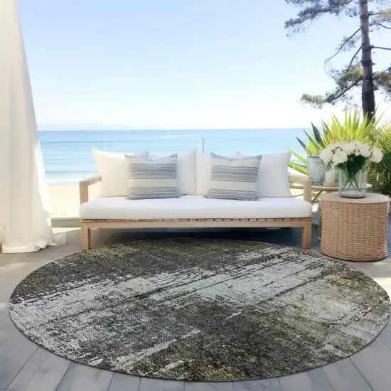 8' Taupe Beige And Olive Green Round Abstract Washable Indoor Outdoor Area Rug Photo 6