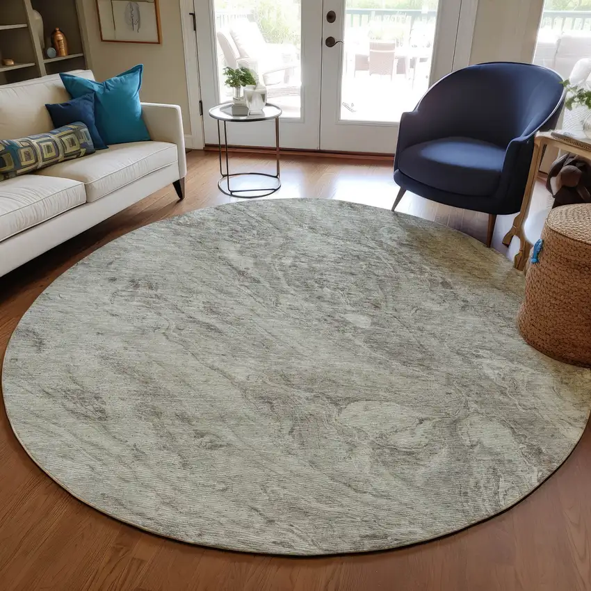 8' Taupe Beige And Tan Round Abstract Washable Indoor Outdoor Area Rug Photo 7