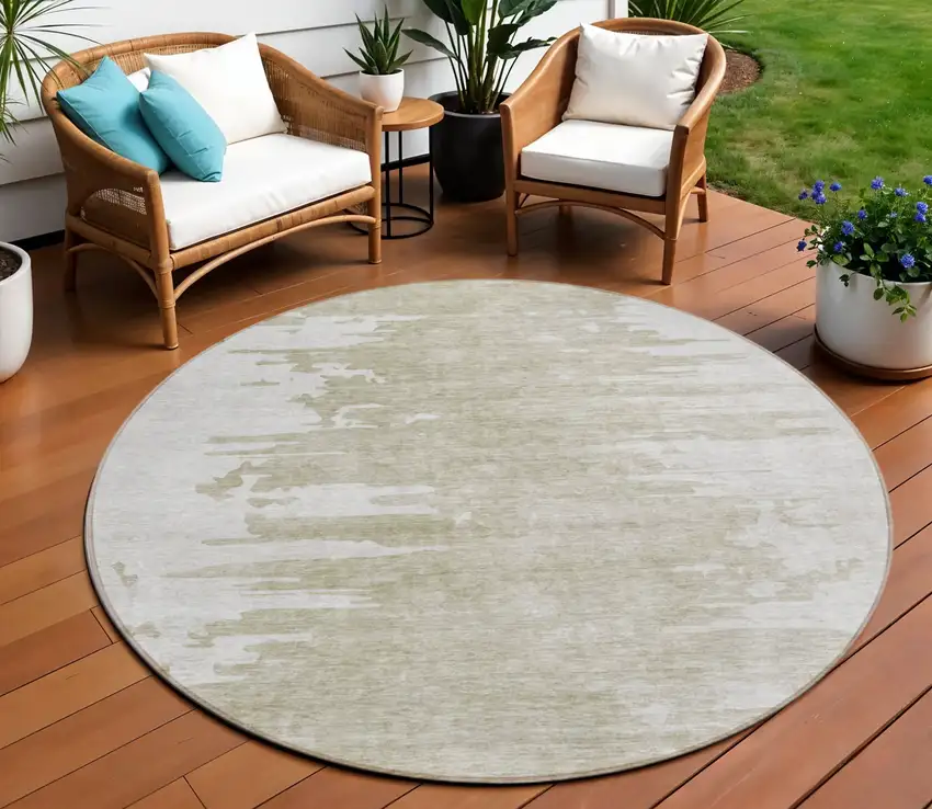 8' Taupe Beige And Tan Round Abstract Washable Indoor Outdoor Area Rug Photo 1