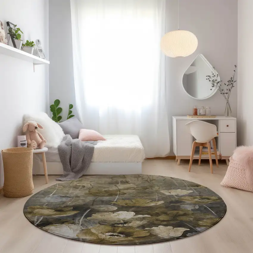 8' Taupe Beige And Tan Round Floral Washable Indoor Outdoor Area Rug Photo 7