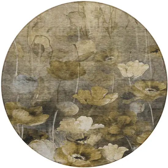 8' Taupe Beige And Tan Round Floral Washable Indoor Outdoor Area Rug Photo 2