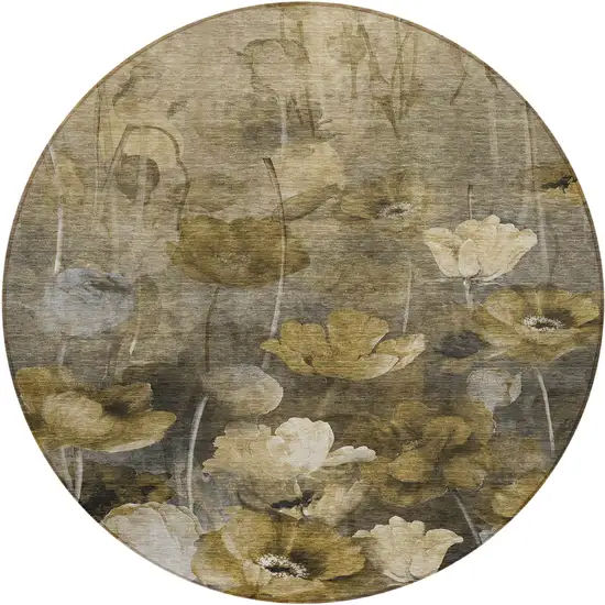 8' Taupe Beige And Tan Round Floral Washable Indoor Outdoor Area Rug Photo 2