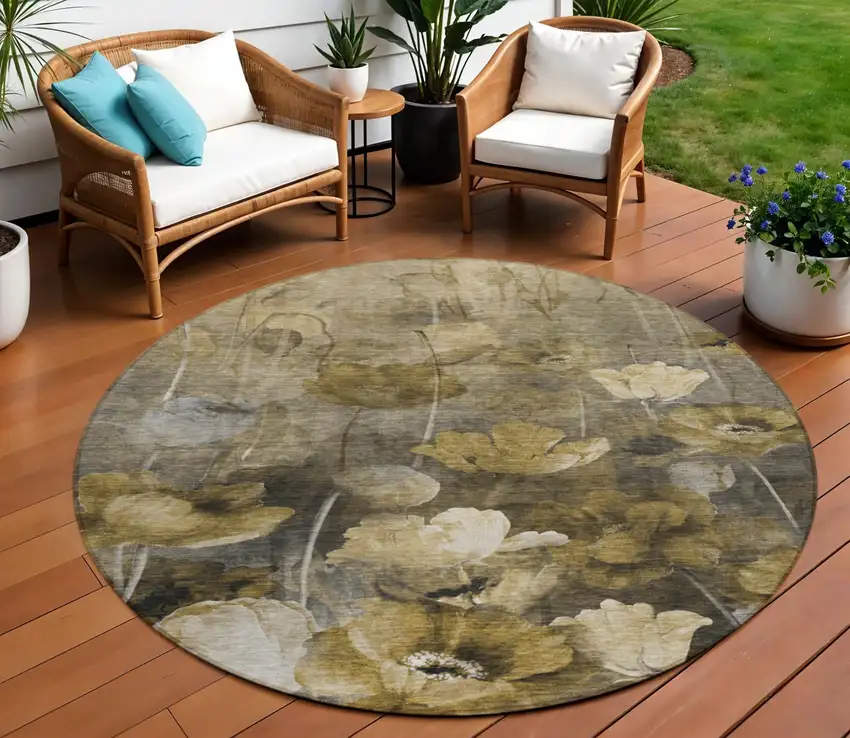 8' Taupe Beige And Tan Round Floral Washable Indoor Outdoor Area Rug Photo 1