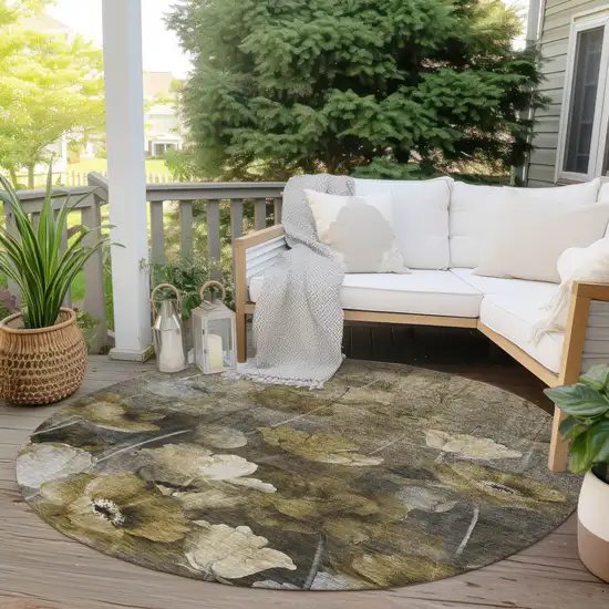 8' Taupe Beige And Tan Round Floral Washable Indoor Outdoor Area Rug Photo 6