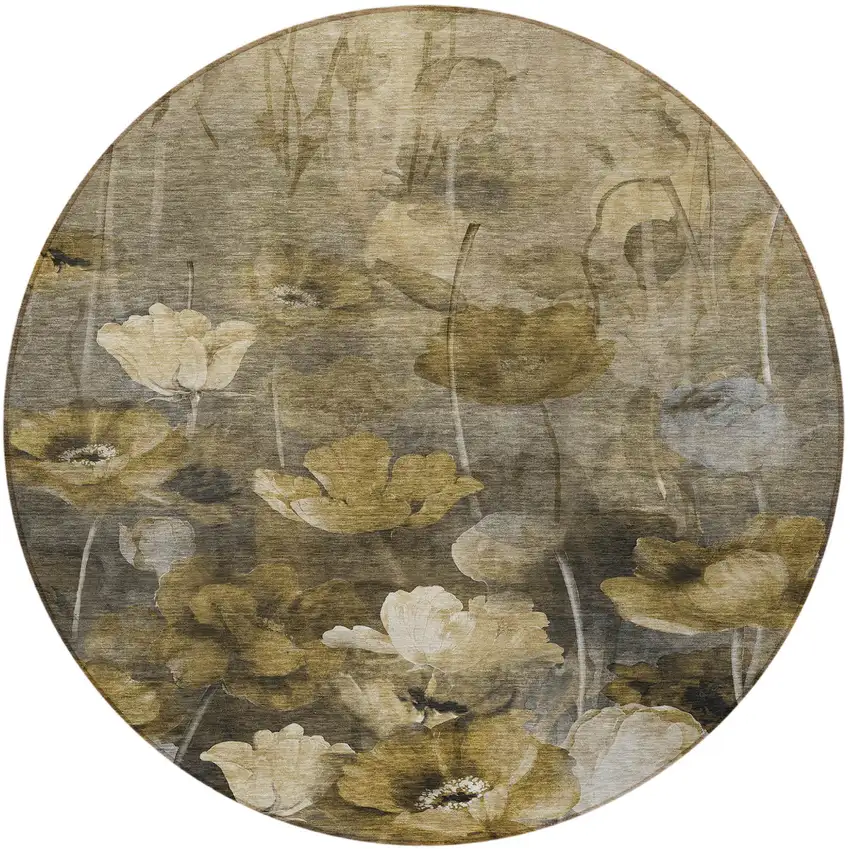 8' Taupe Beige And Tan Round Floral Washable Indoor Outdoor Area Rug Photo 5