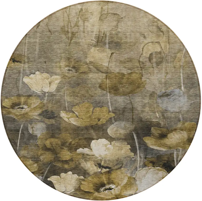 8' Taupe Beige And Tan Round Floral Washable Indoor Outdoor Area Rug Photo 5