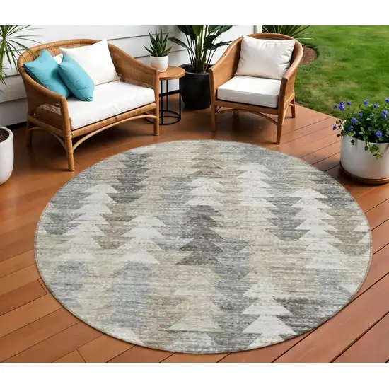 8' Taupe Beige And Tan Round Geometric Washable Indoor Outdoor Area Rug Photo 1