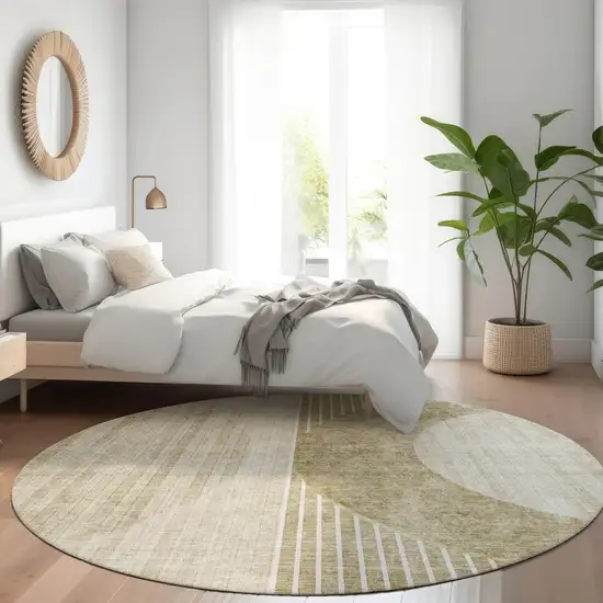 8' Taupe Beige And Tan Round Geometric Washable Indoor Outdoor Area Rug Photo 8