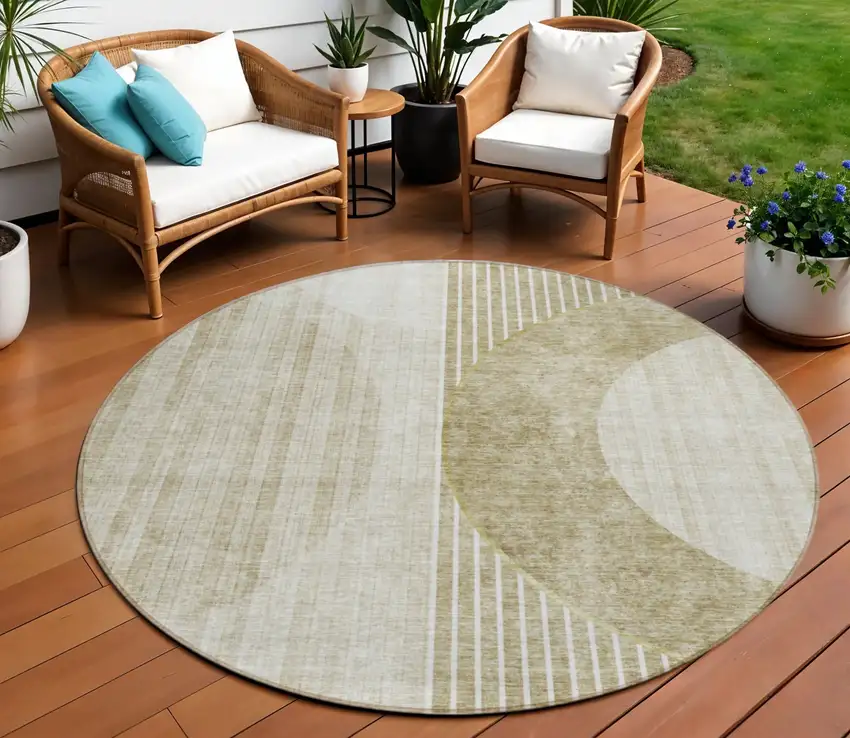 8' Taupe Beige And Tan Round Geometric Washable Indoor Outdoor Area Rug Photo 1