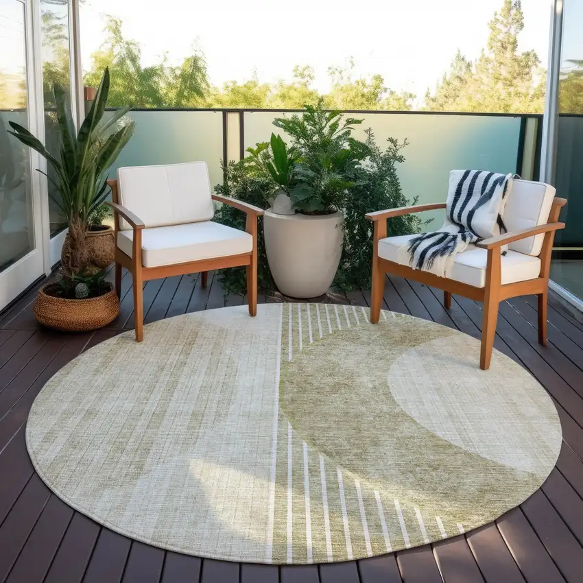 8' Taupe Beige And Tan Round Geometric Washable Indoor Outdoor Area Rug Photo 7
