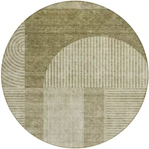 Photo of 8' Taupe Beige And Tan Round Geometric Washable Indoor Outdoor Area Rug