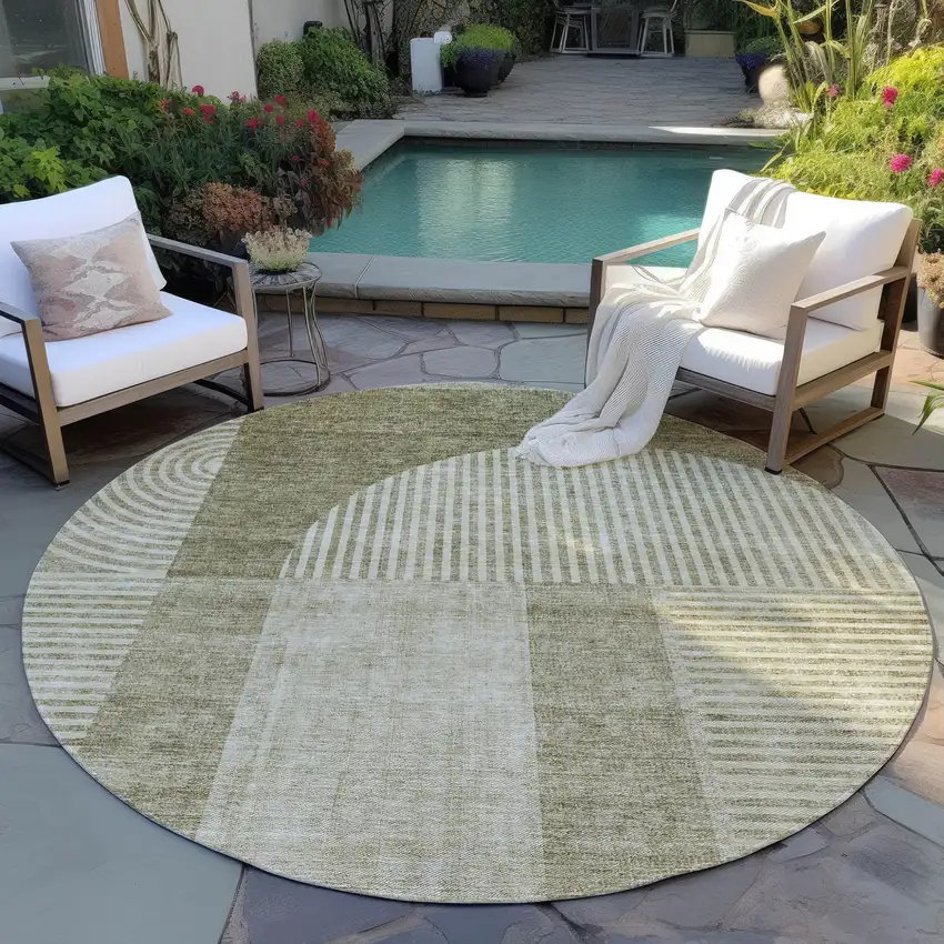 8' Taupe Beige And Tan Round Geometric Washable Indoor Outdoor Area Rug Photo 6