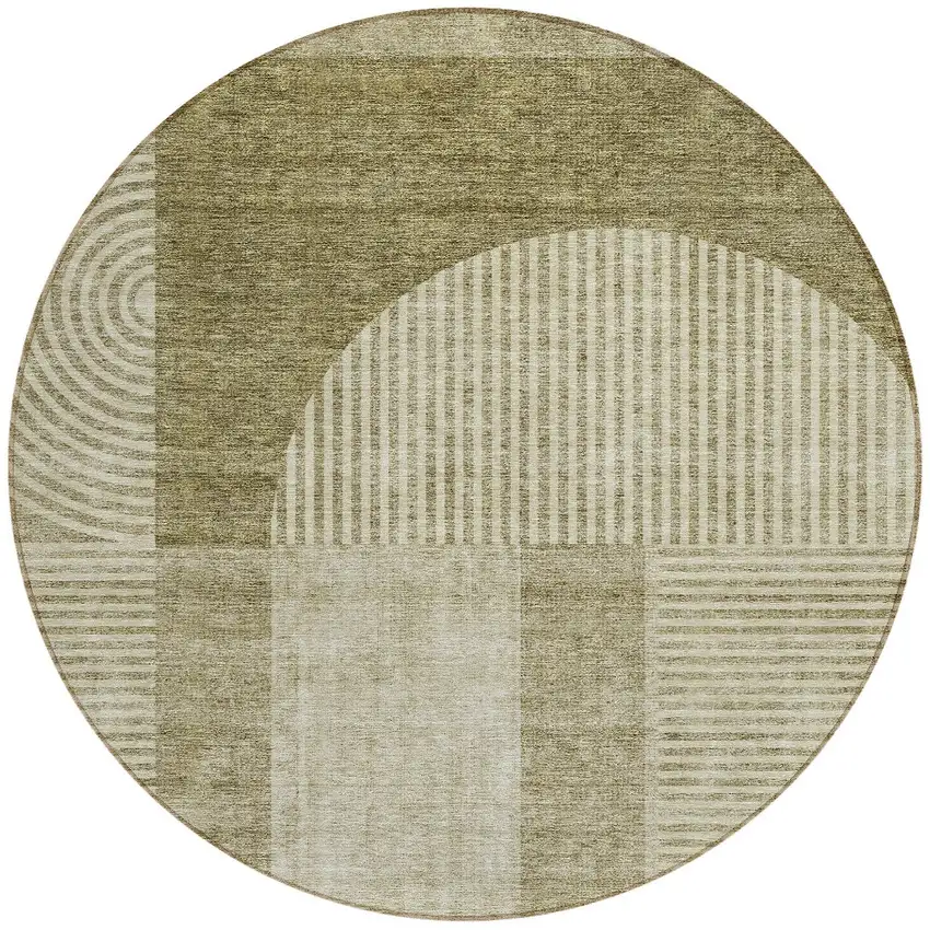 8' Taupe Beige And Tan Round Geometric Washable Indoor Outdoor Area Rug Photo 5