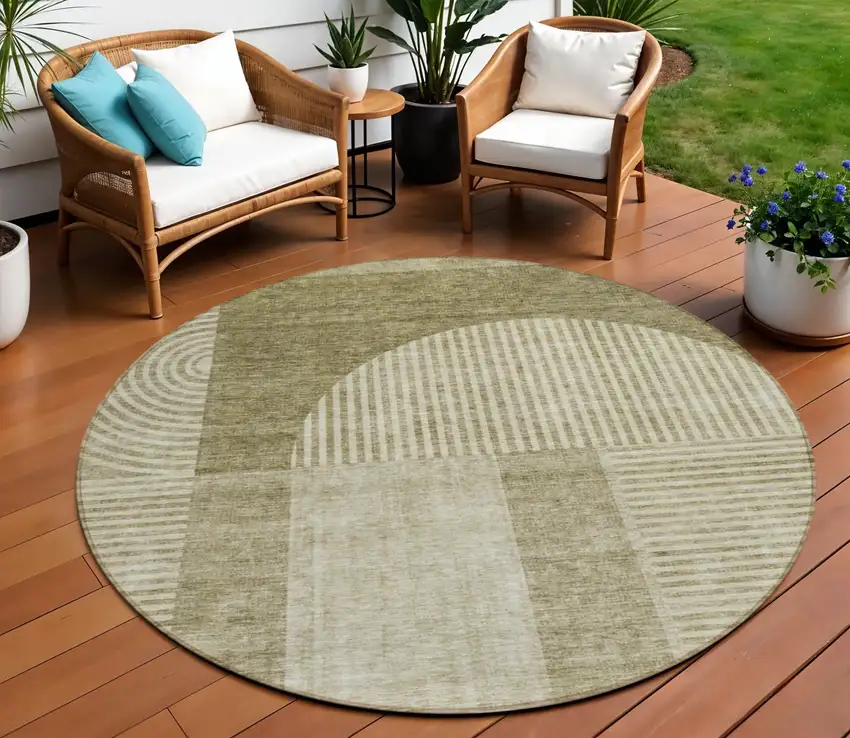 8' Taupe Beige And Tan Round Geometric Washable Indoor Outdoor Area Rug Photo 1