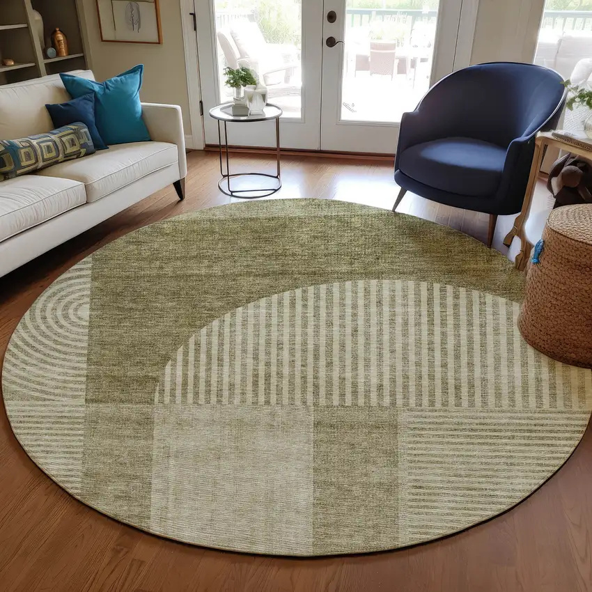 8' Taupe Beige And Tan Round Geometric Washable Indoor Outdoor Area Rug Photo 7
