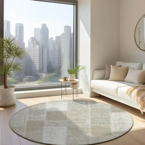 8' Taupe Beige And Tan Round Patchwork Washable Indoor Outdoor Area Rug Photo 7