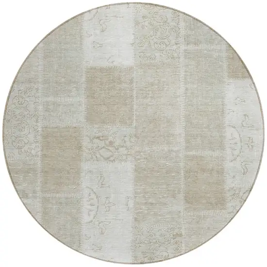 8' Taupe Beige And Tan Round Patchwork Washable Indoor Outdoor Area Rug Photo 5