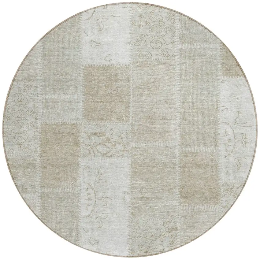 8' Taupe Beige And Tan Round Patchwork Washable Indoor Outdoor Area Rug Photo 5