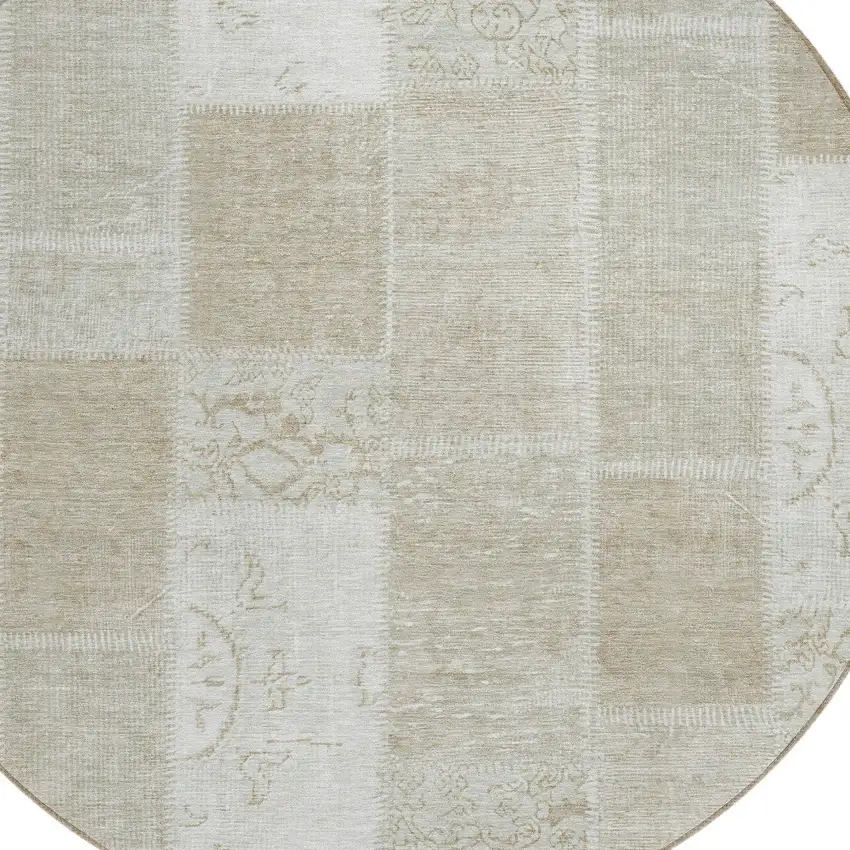8' Taupe Beige And Tan Round Patchwork Washable Indoor Outdoor Area Rug Photo 4