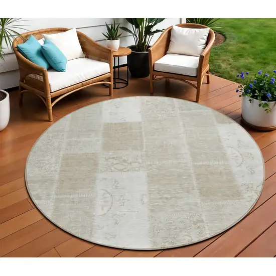 8' Taupe Beige And Tan Round Patchwork Washable Indoor Outdoor Area Rug Photo 1
