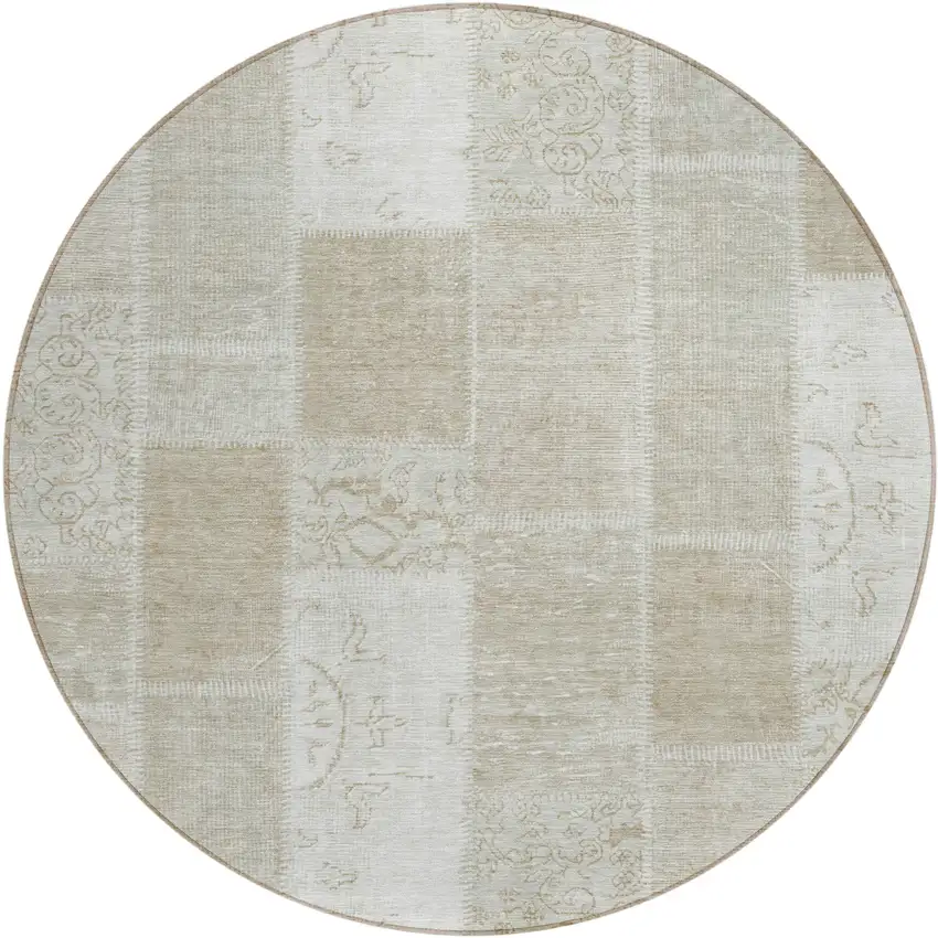 8' Taupe Beige And Tan Round Patchwork Washable Indoor Outdoor Area Rug Photo 1