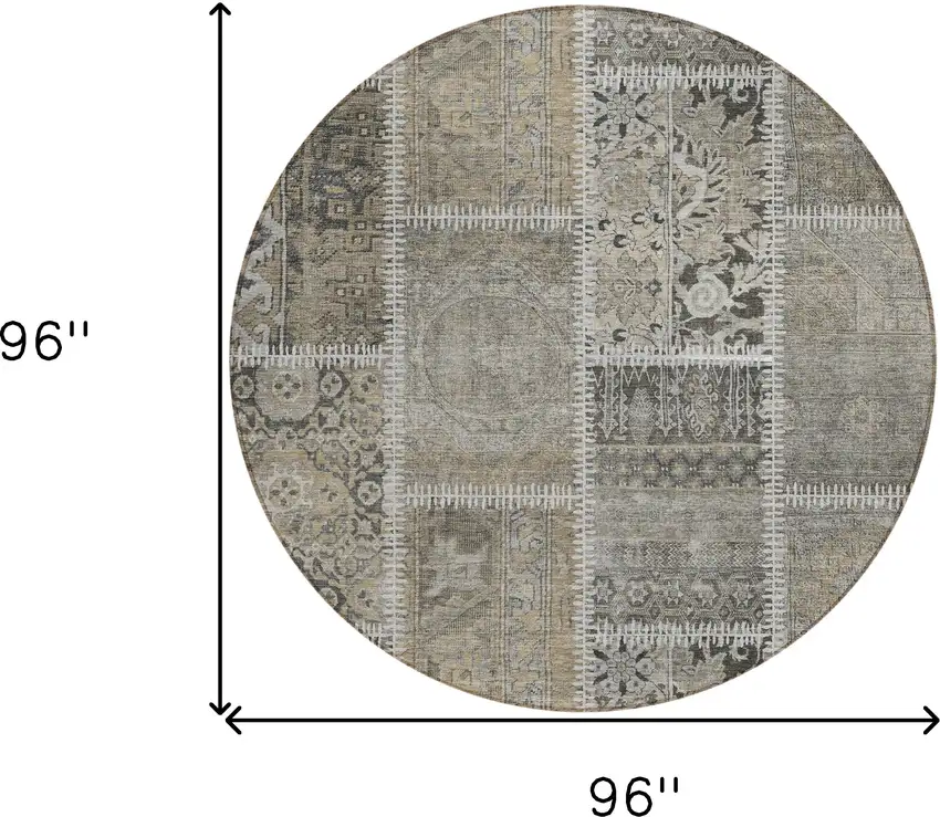 8' Taupe Beige And Tan Round Patchwork Washable Indoor Outdoor Area Rug Photo 7