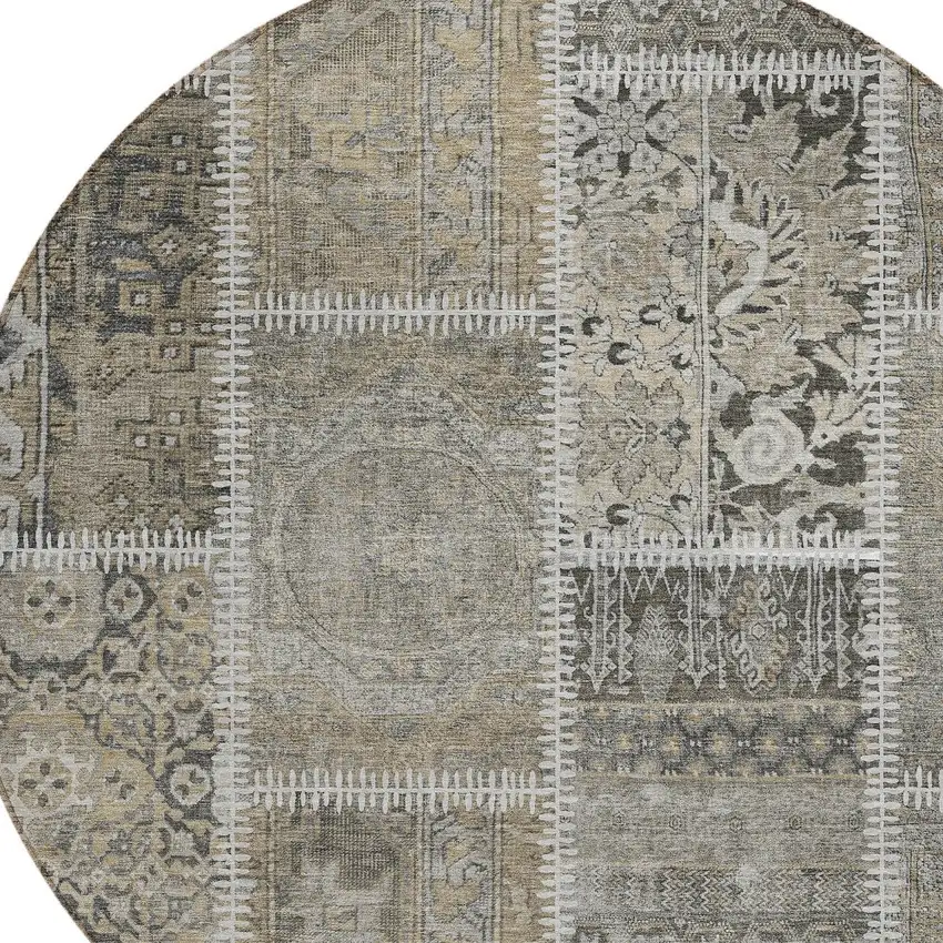8' Taupe Beige And Tan Round Patchwork Washable Indoor Outdoor Area Rug Photo 3