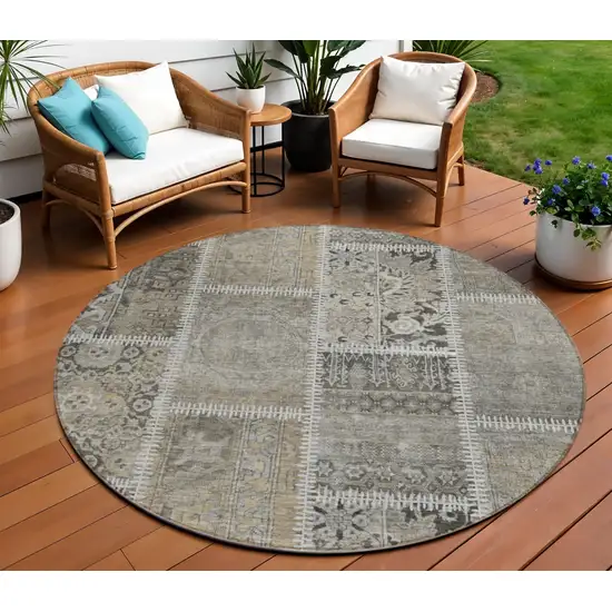 8' Taupe Beige And Tan Round Patchwork Washable Indoor Outdoor Area Rug Photo 1