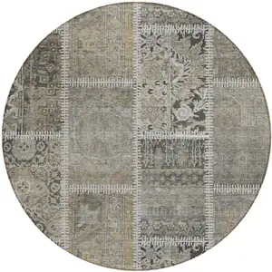 Photo of 8' Taupe Beige And Tan Round Patchwork Washable Indoor Outdoor Area Rug