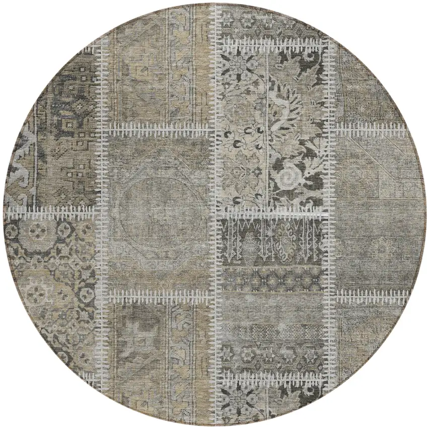 8' Taupe Beige And Tan Round Patchwork Washable Indoor Outdoor Area Rug Photo 1