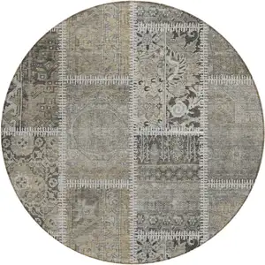Photo of 8' Taupe Beige And Tan Round Patchwork Washable Indoor Outdoor Area Rug
