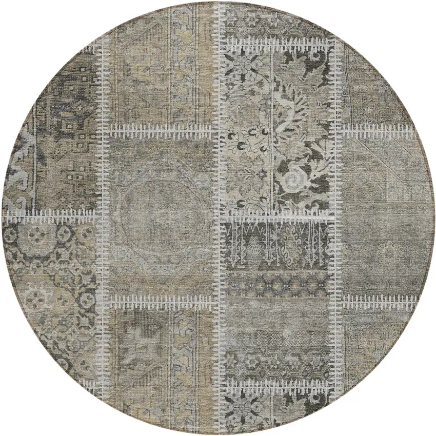 8' Taupe Beige And Tan Round Patchwork Washable Indoor Outdoor Area Rug Photo 1