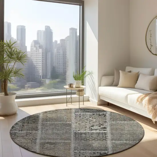 8' Taupe Beige And Tan Round Patchwork Washable Indoor Outdoor Area Rug Photo 6
