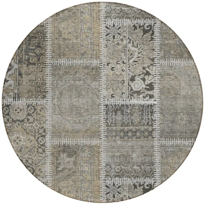 8' Taupe Beige And Tan Round Patchwork Washable Indoor Outdoor Area Rug Photo 4
