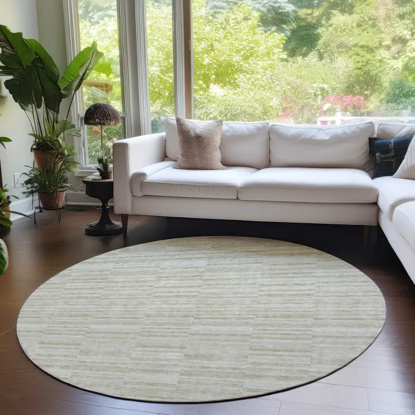 8' Taupe Beige And Tan Round Striped Washable Indoor Outdoor Area Rug Photo 7