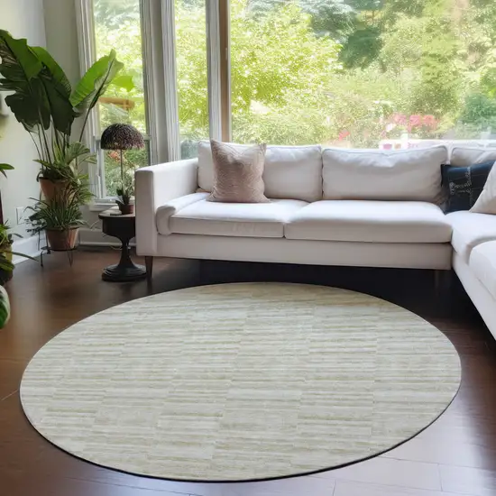 8' Taupe Beige And Tan Round Striped Washable Indoor Outdoor Area Rug Photo 7