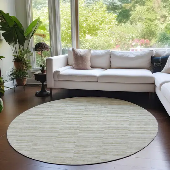 8' Taupe Beige And Tan Round Striped Washable Indoor Outdoor Area Rug Photo 7