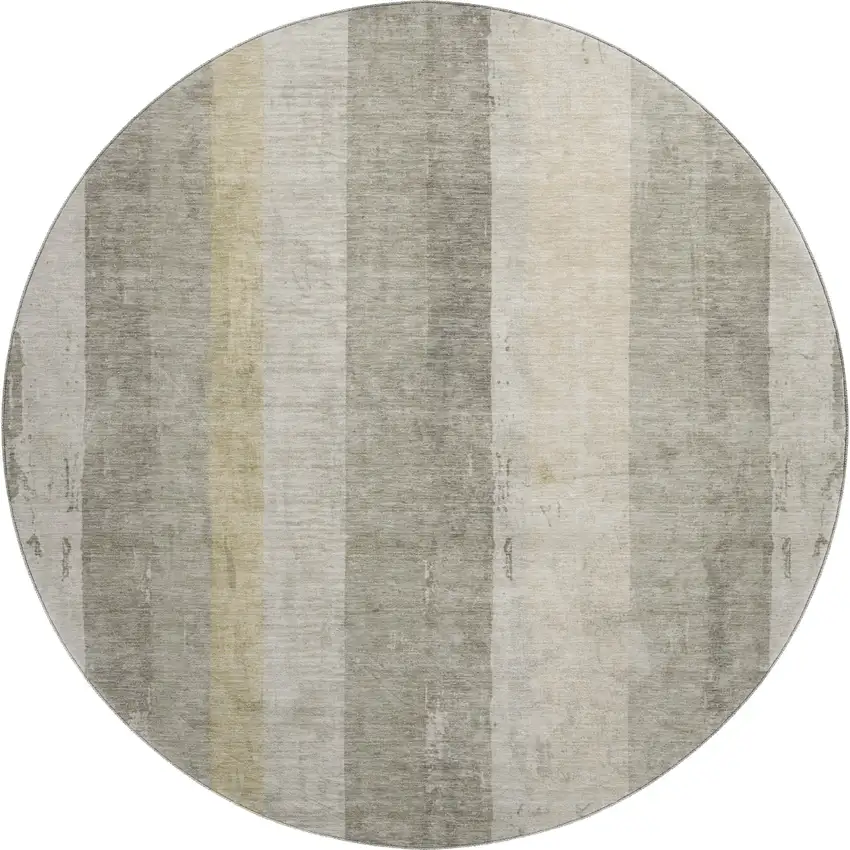 8' Taupe Beige And Tan Striped Washable Round Rug With UV Protection Photo 1