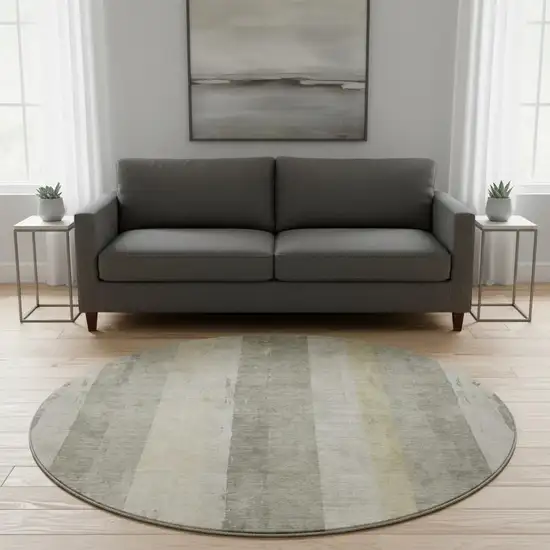 8' Taupe Beige And Tan Striped Washable Round Rug With UV Protection Photo 2