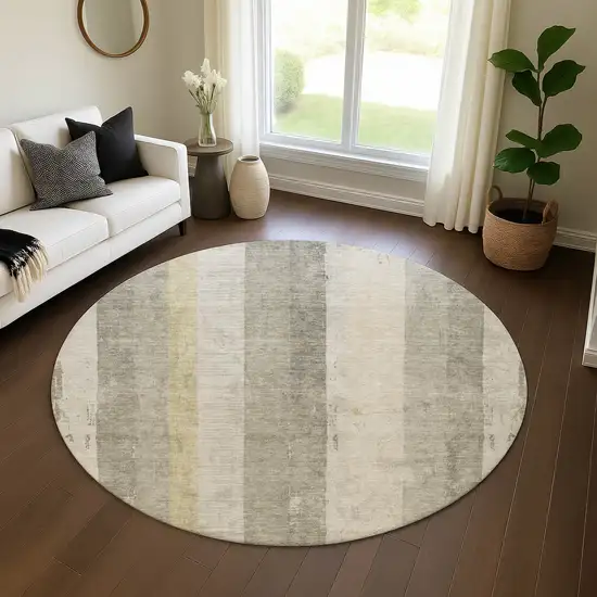8' Taupe Beige And Tan Striped Washable Round Rug With UV Protection Photo 4