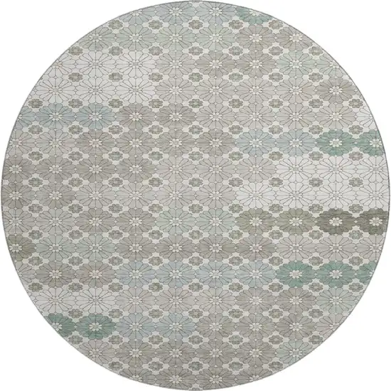 8' Taupe Beige And Teal Geometric Washable Round Rug With UV Protection Photo 1