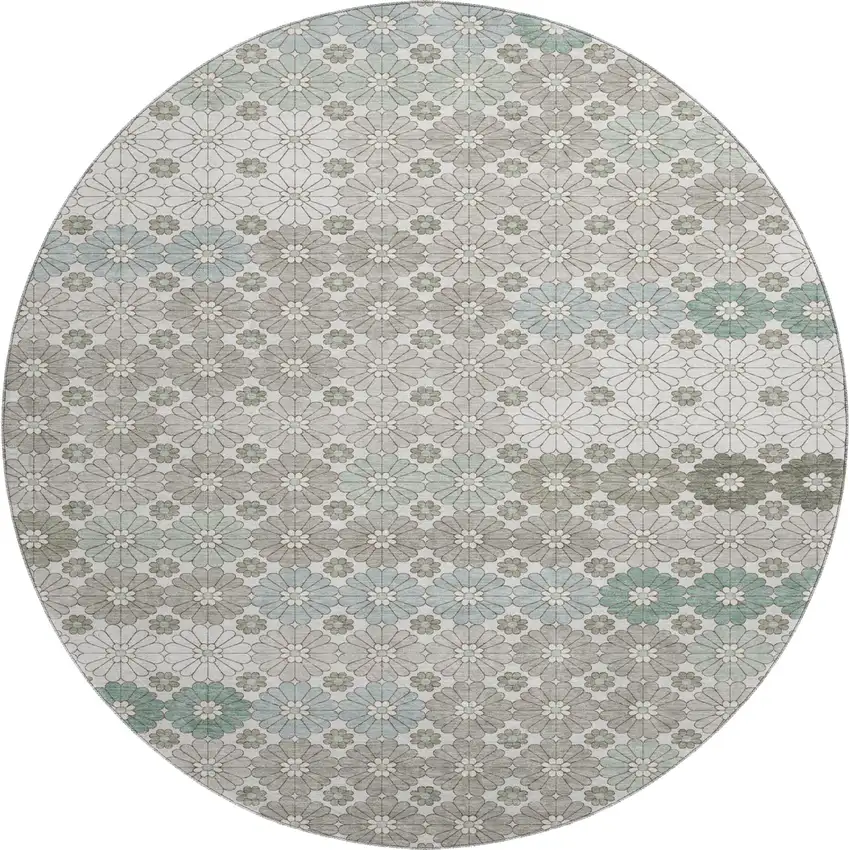 8' Taupe Beige And Teal Geometric Washable Round Rug With UV Protection Photo 1