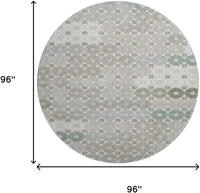 8' Taupe Beige And Teal Geometric Washable Round Rug With UV Protection Photo 9