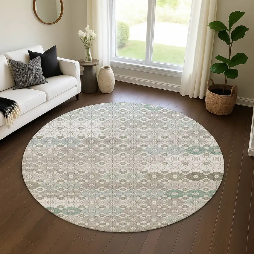 8' Taupe Beige And Teal Geometric Washable Round Rug With UV Protection Photo 5