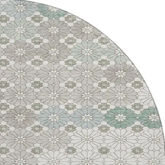 8' Taupe Beige And Teal Geometric Washable Round Rug With UV Protection Photo 3