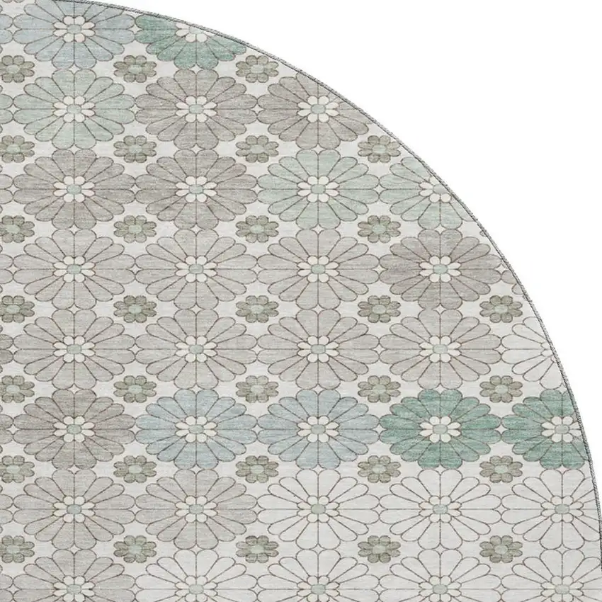 8' Taupe Beige And Teal Geometric Washable Round Rug With UV Protection Photo 3