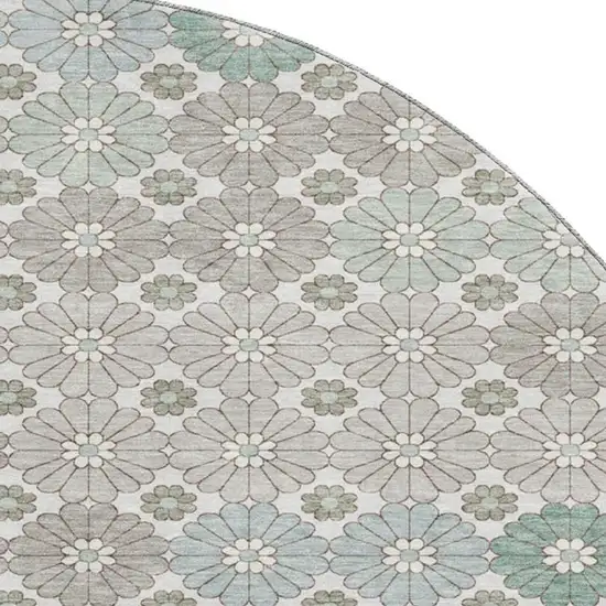 8' Taupe Beige And Teal Geometric Washable Round Rug With UV Protection Photo 2