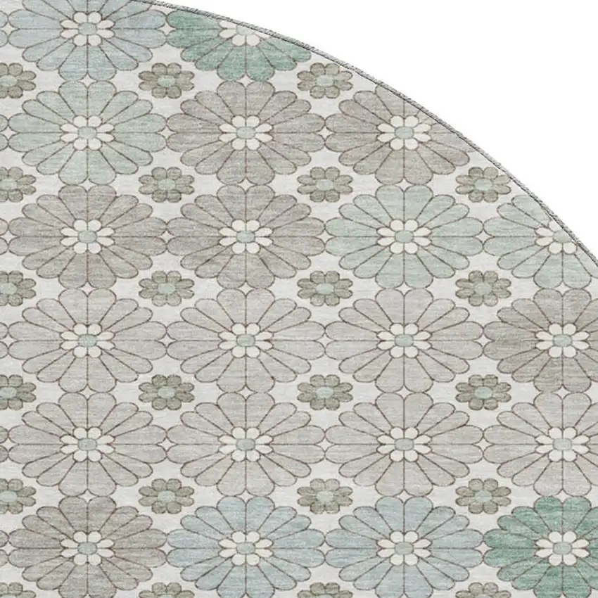 8' Taupe Beige And Teal Geometric Washable Round Rug With UV Protection Photo 2