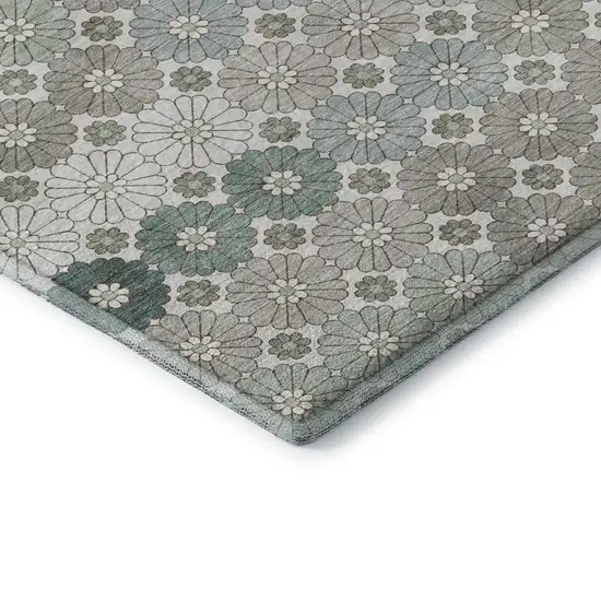 8' Taupe Beige And Teal Geometric Washable Round Rug With UV Protection Photo 6